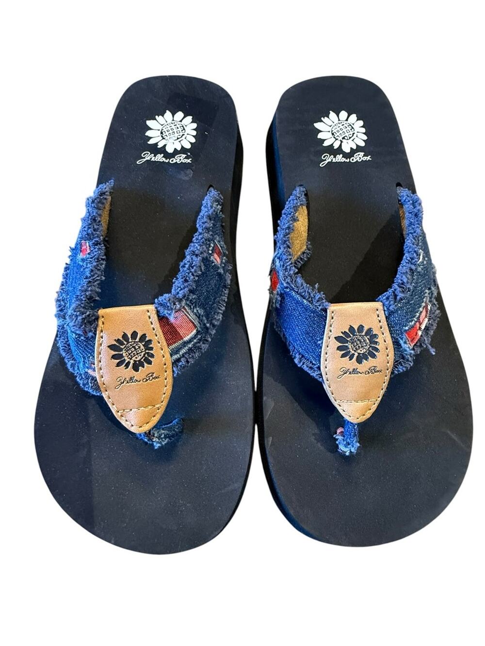 Yellow Box Women’s Size 8 Navy Denim Flip Flops with Red Accents